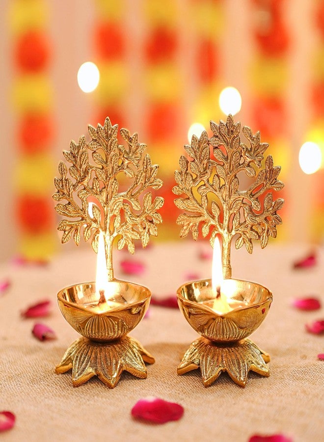 Behoma 100% Pure Brass Kalpavriksha Diya for Puja - Set of 2 | Religious Deepak for Mandir, Temple, Office & Home Decoration | Handcrafted Life Tree Diya for Pooja Room & Housewarming Gift - Image 1